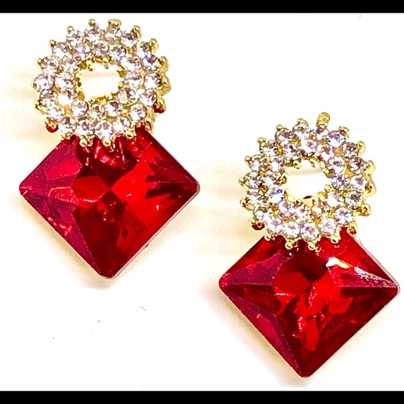 Red Glass Gem Rhombus White Rhinestone Circle Stud Statement Earrings Christmas - Picture 2 of 4